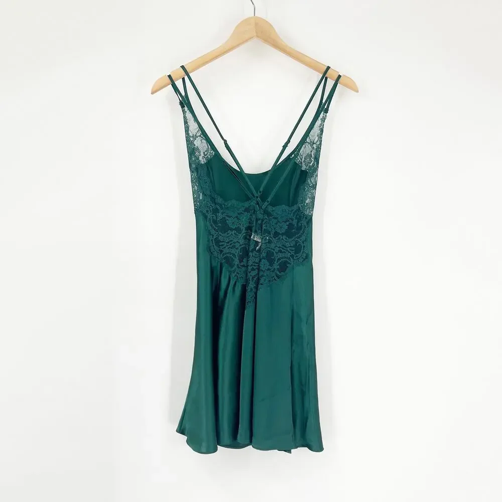 Vintage 90s Victoria's Secret Deep Green Lace Satin Lingerie Slip Dress Medium - Picture 2 of 6
